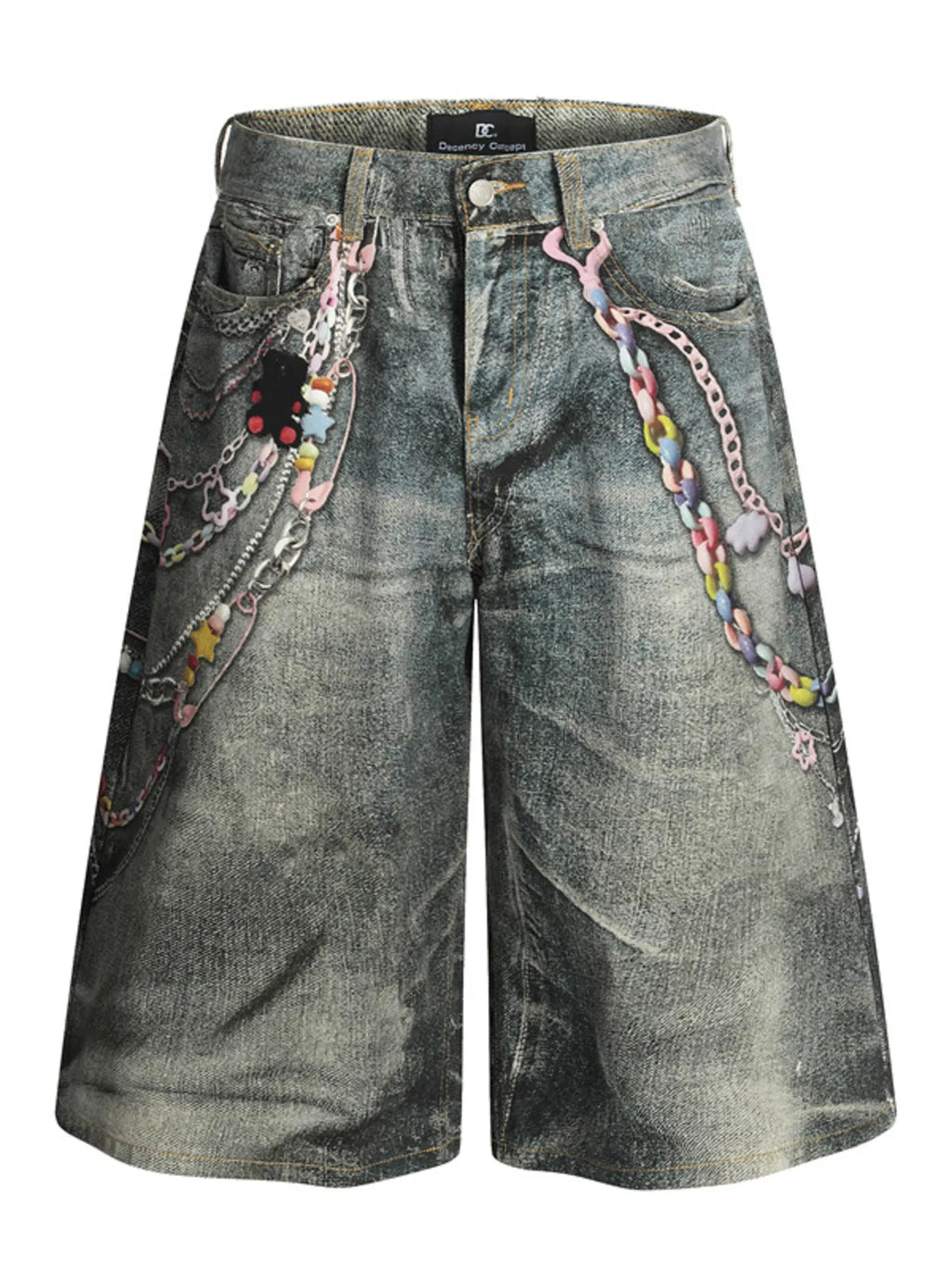 Men's Colorful Beaded Chain Print Denim Shorts | STREETMODE ™
