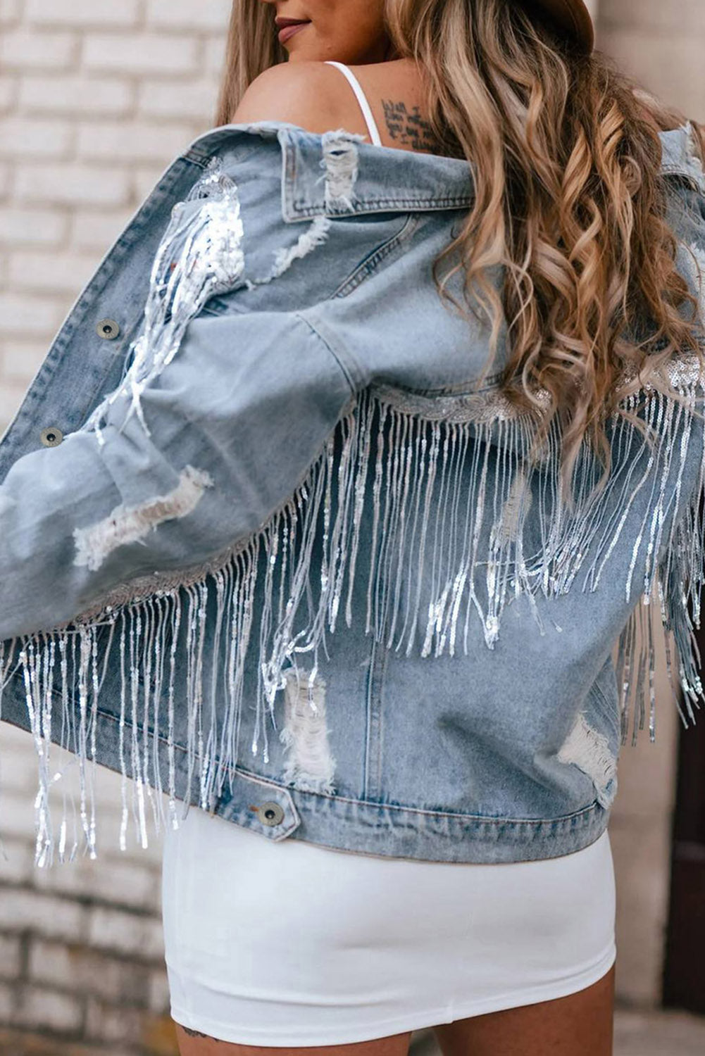 Sequin Fringe Trim Distressed Button Up Women Denim Jacket - STREETMODE ™
