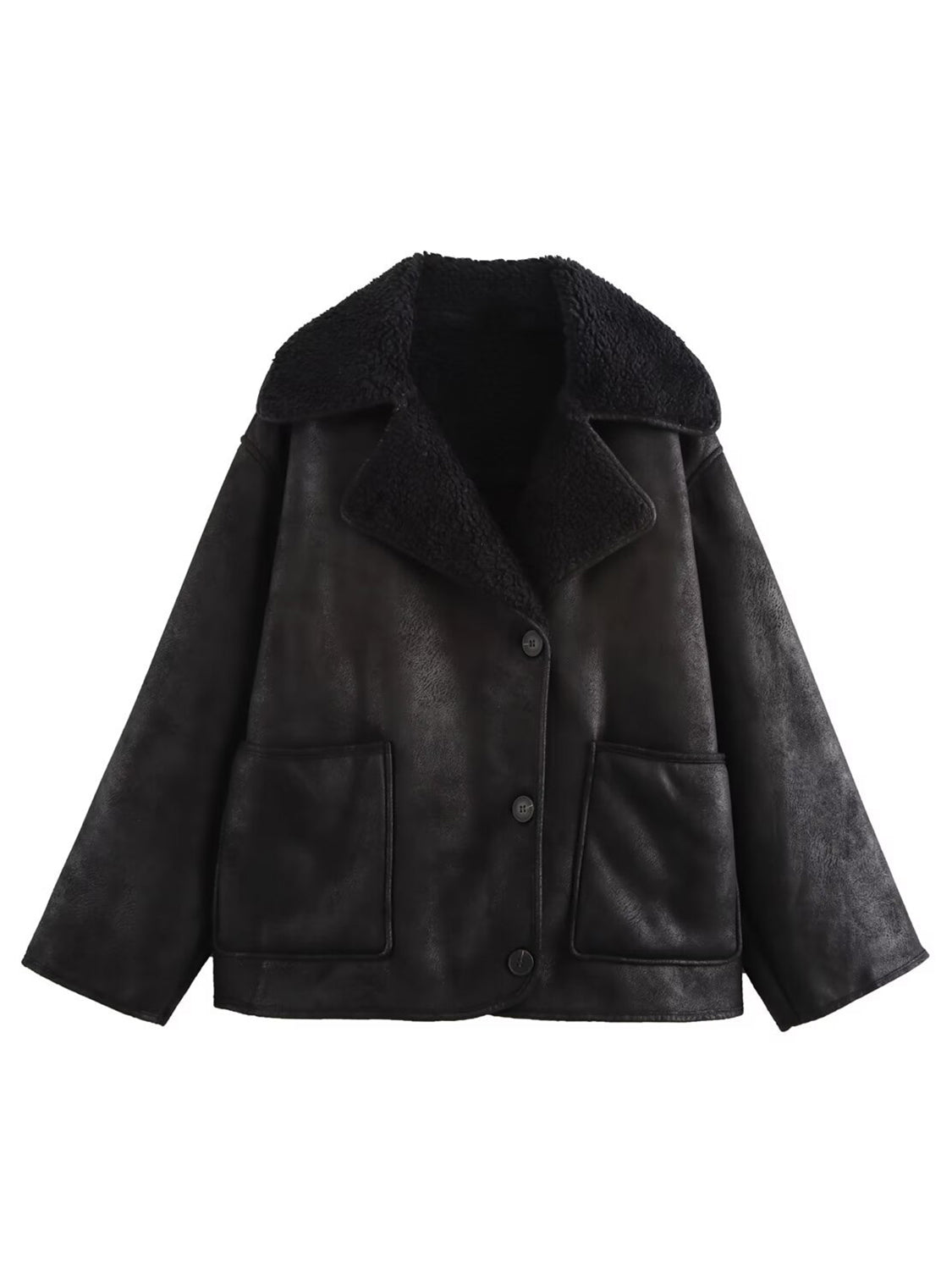 Collared Neck Long Sleeve Plush Women Jacket - STREETMODE ™