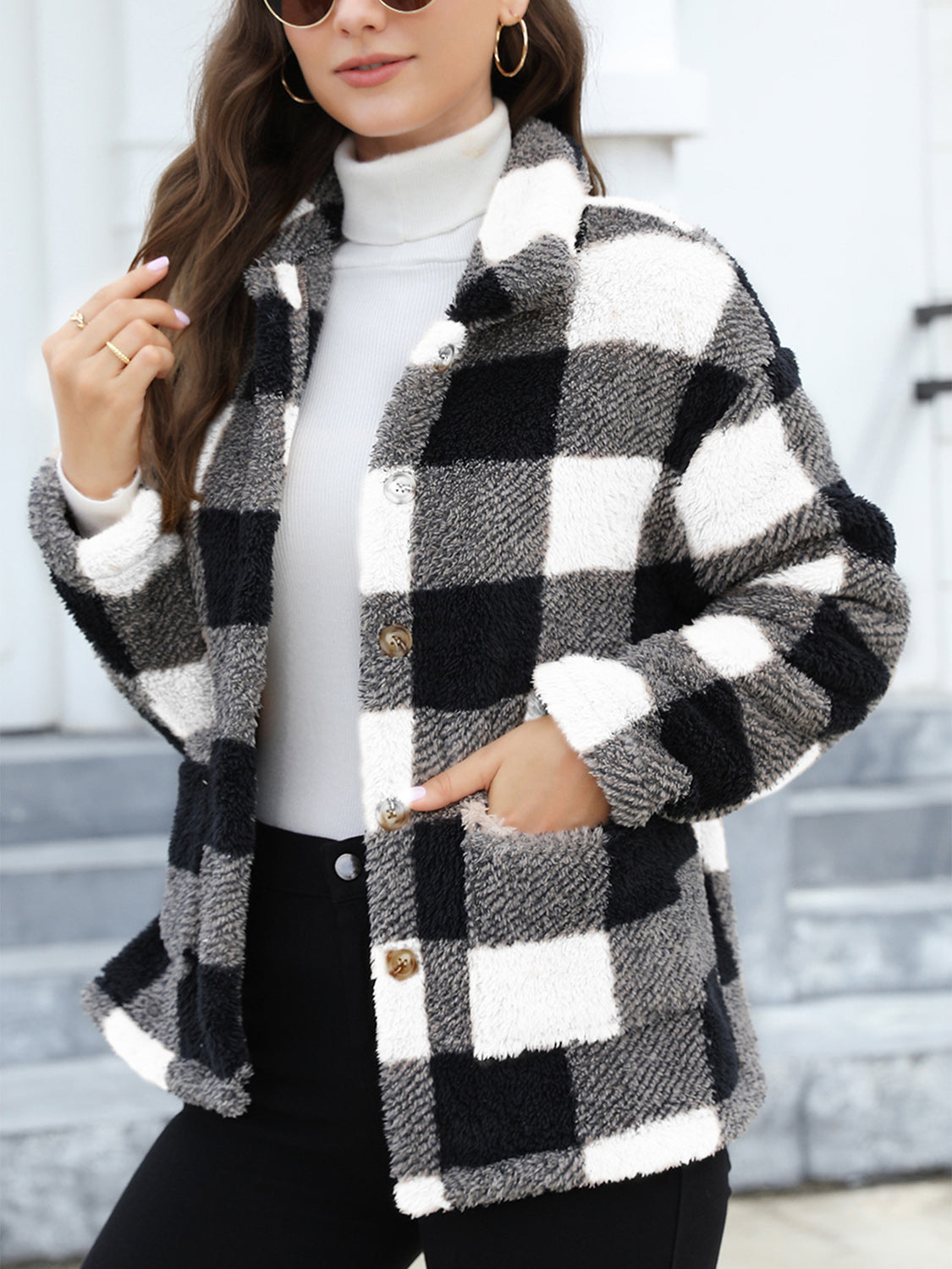 Button Up Drop Shoulder Fuzzy Women Jacket - STREETMODE ™