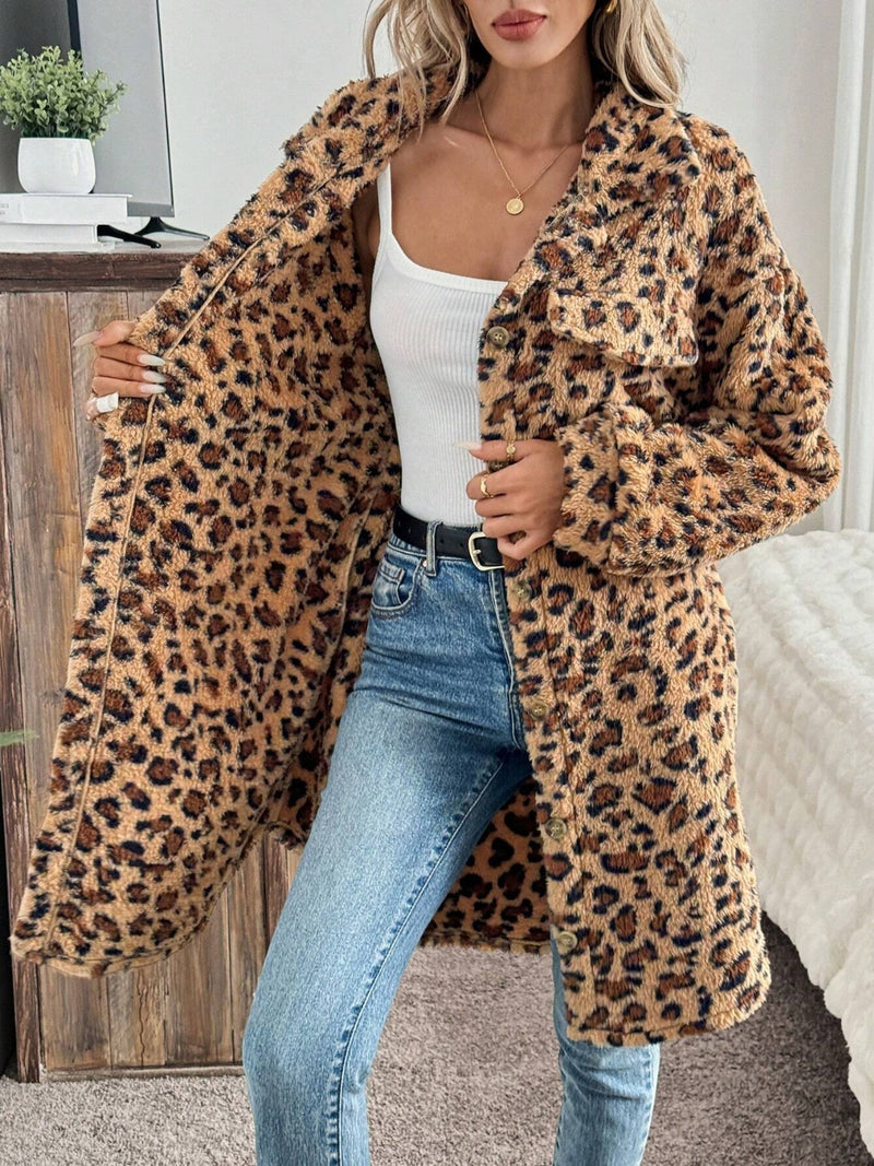 Leopard Button Up Long Sleeve Women Fuzzy Coat - STREETMODE ™