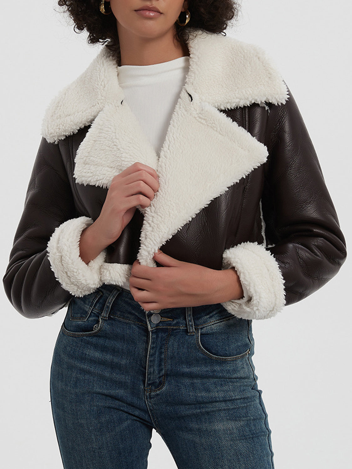 Collared Neck Long Sleeve Plush Cropped Women Jacket - STREETMODE ™