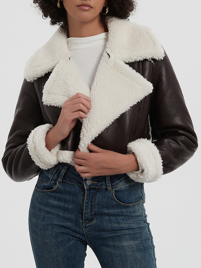 Collared Neck Long Sleeve Plush Cropped Women Jacket - STREETMODE ā¢