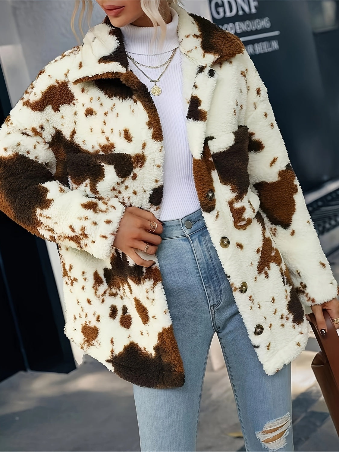 Cow Print Collared Neck Button Up Fuzzy Women Jacket - STREETMODE ™