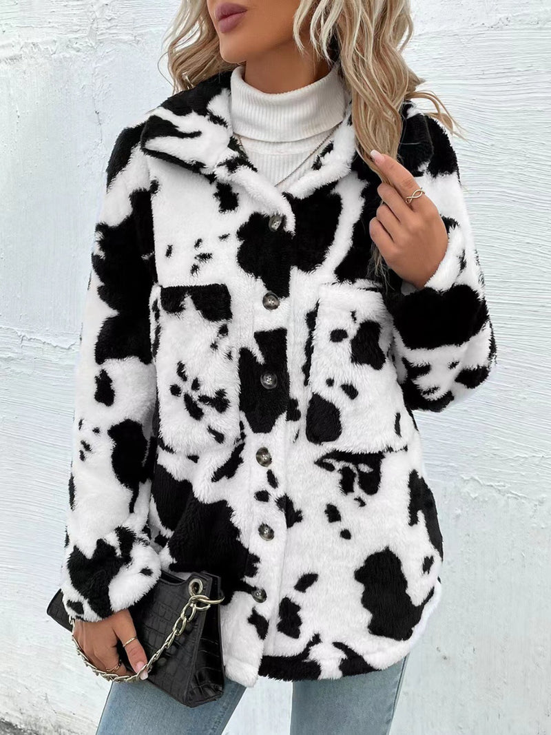 Cow Print Collared Neck Button Up Fuzzy Women Jacket - STREETMODE ā¢