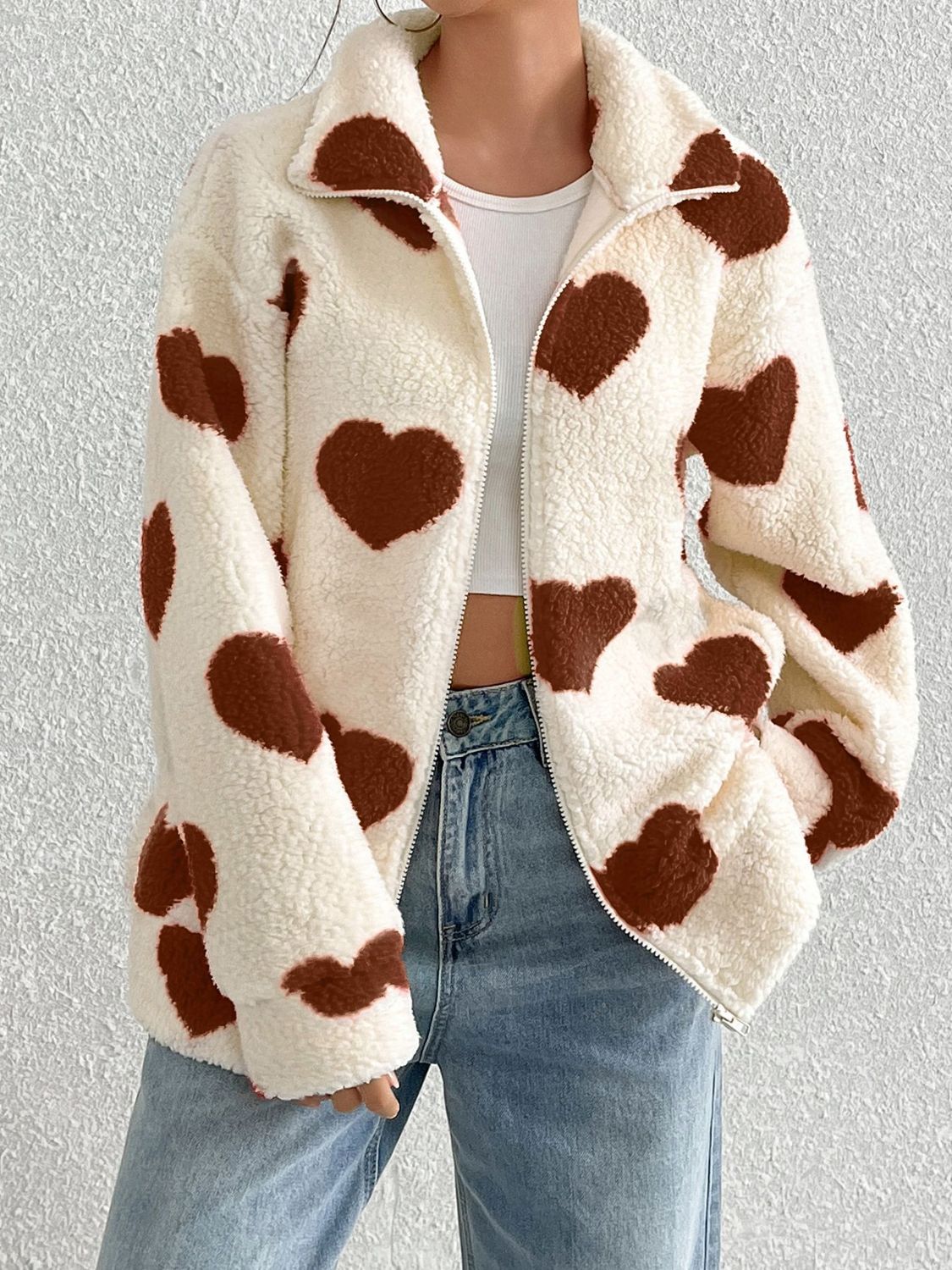 Heart Zip Up Drop Shoulder Furry Women Jacket - STREETMODE ™