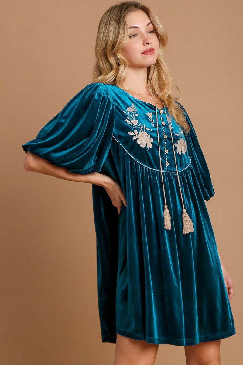Umgee Embroidered Half Sleeve Velvet Mini Dress with Tassel - STREETMODE ™