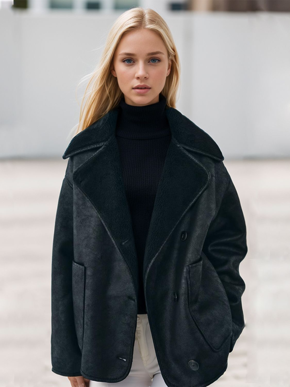 Collared Neck Long Sleeve Plush Women Jacket - STREETMODE ™