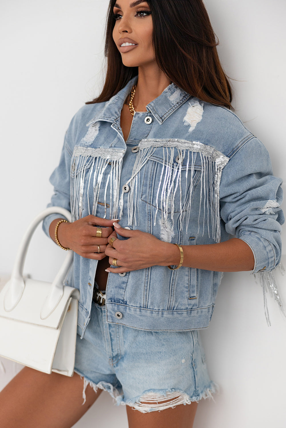 Sequin Fringe Trim Distressed Button Up Women Denim Jacket - STREETMODE ™
