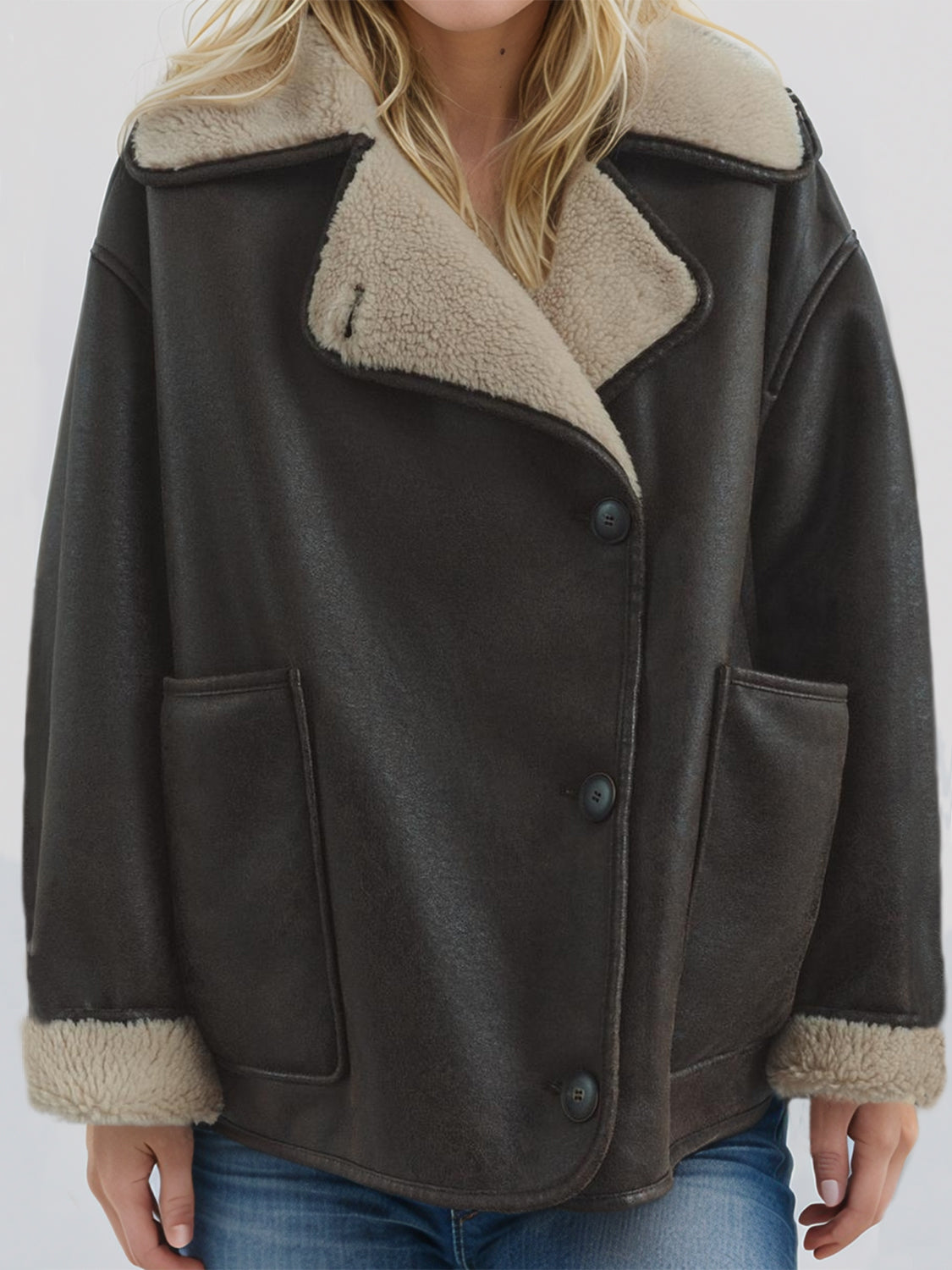 Collared Neck Long Sleeve Plush Women Jacket - STREETMODE ™