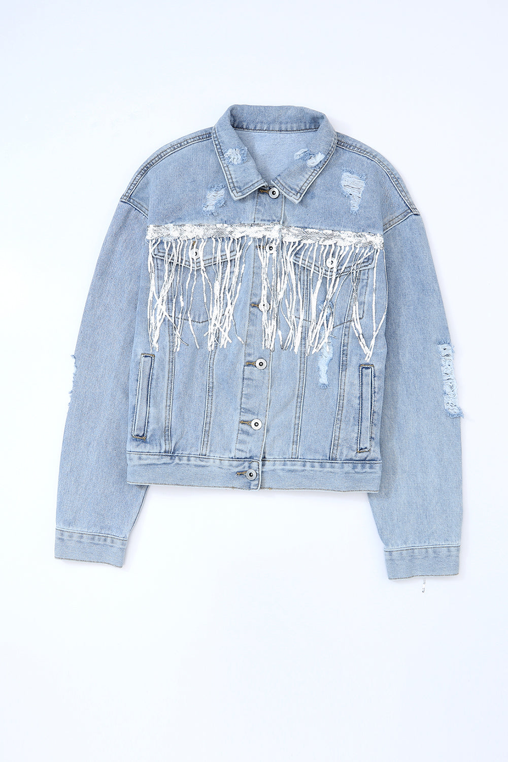 Sequin Fringe Trim Distressed Button Up Women Denim Jacket - STREETMODE ™