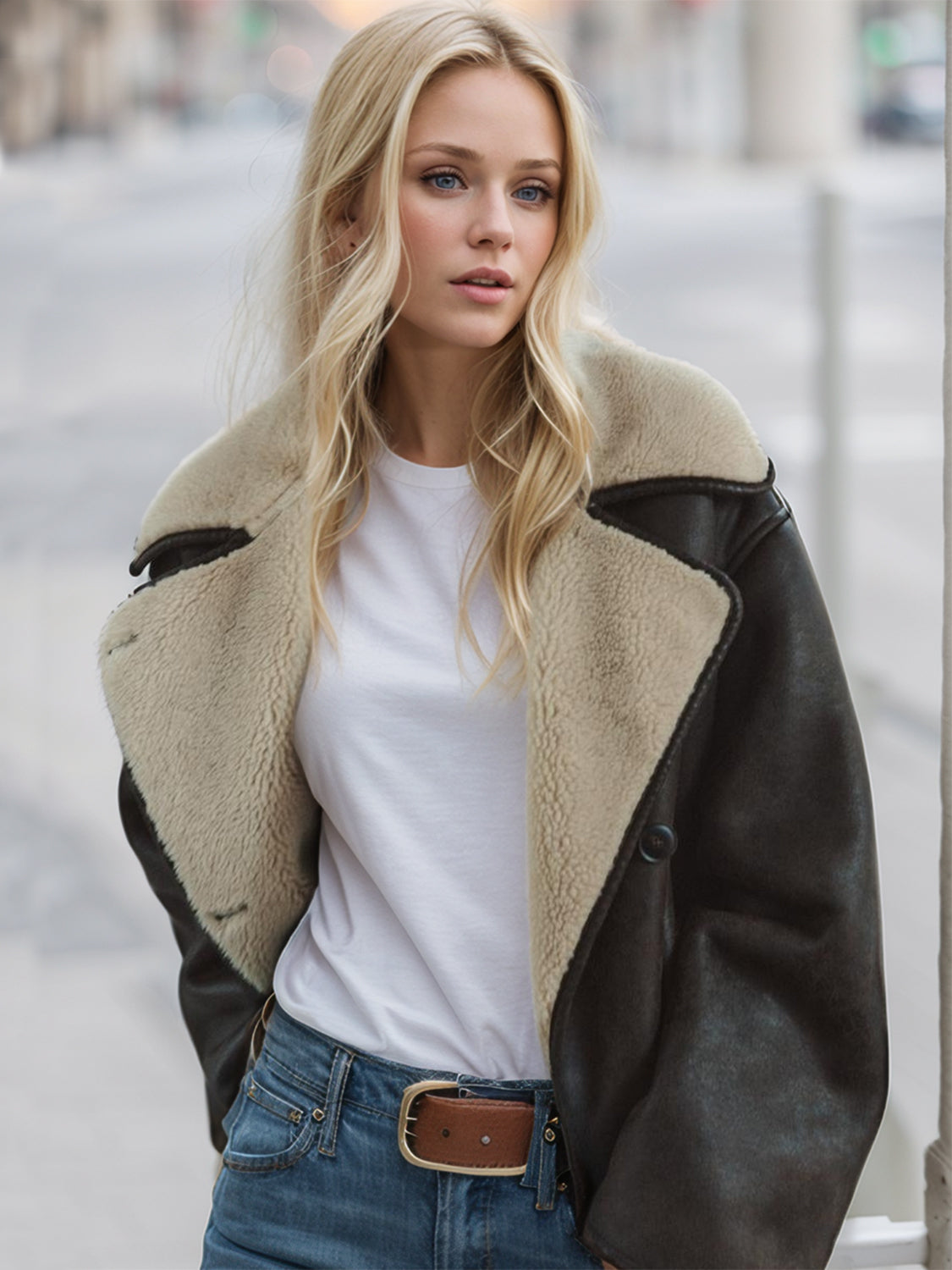 Collared Neck Long Sleeve Plush Women Jacket - STREETMODE ™