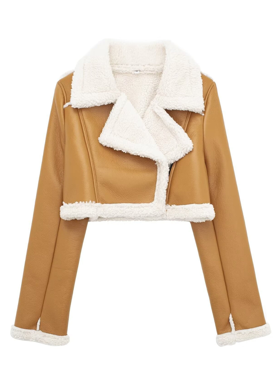 Collared Neck Long Sleeve Plush Cropped Women Jacket - STREETMODE ™