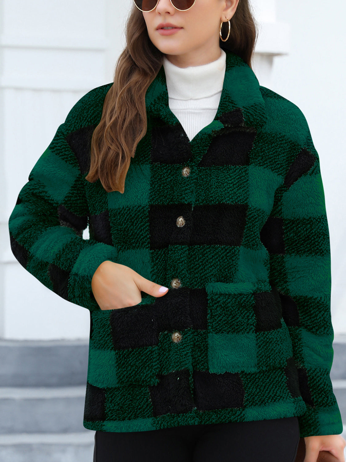 Button Up Drop Shoulder Fuzzy Women Jacket - STREETMODE ™