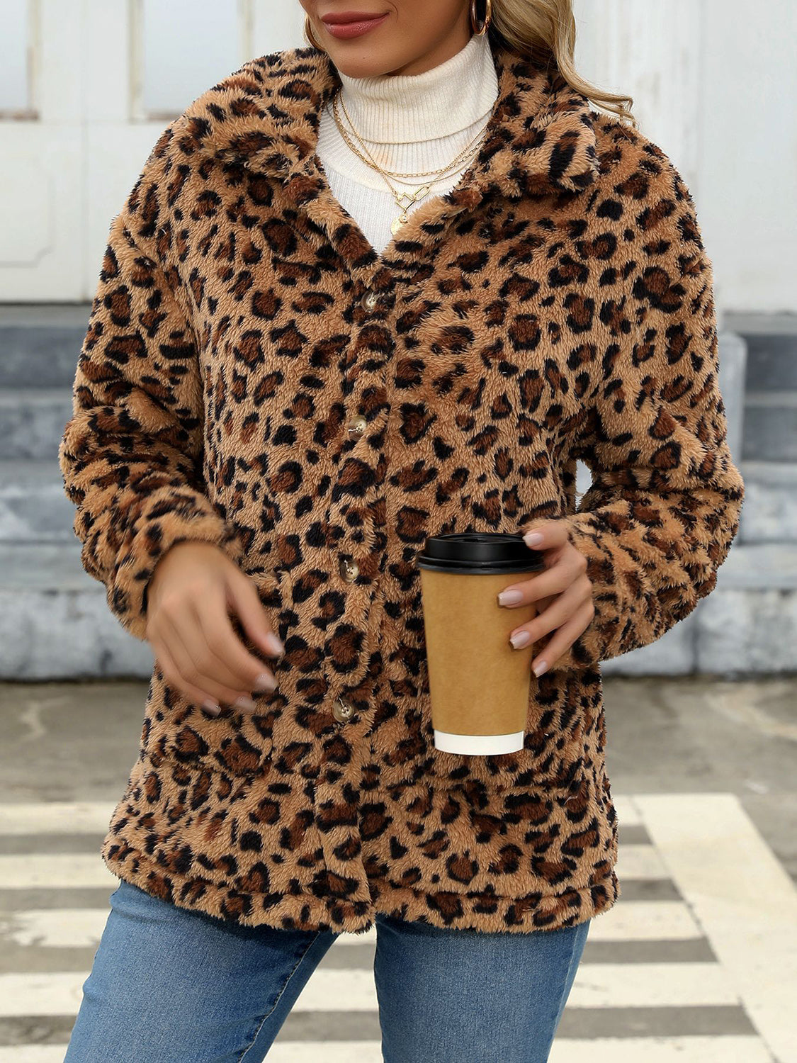 Button Up Drop Shoulder Fuzzy Women Jacket - STREETMODE ™