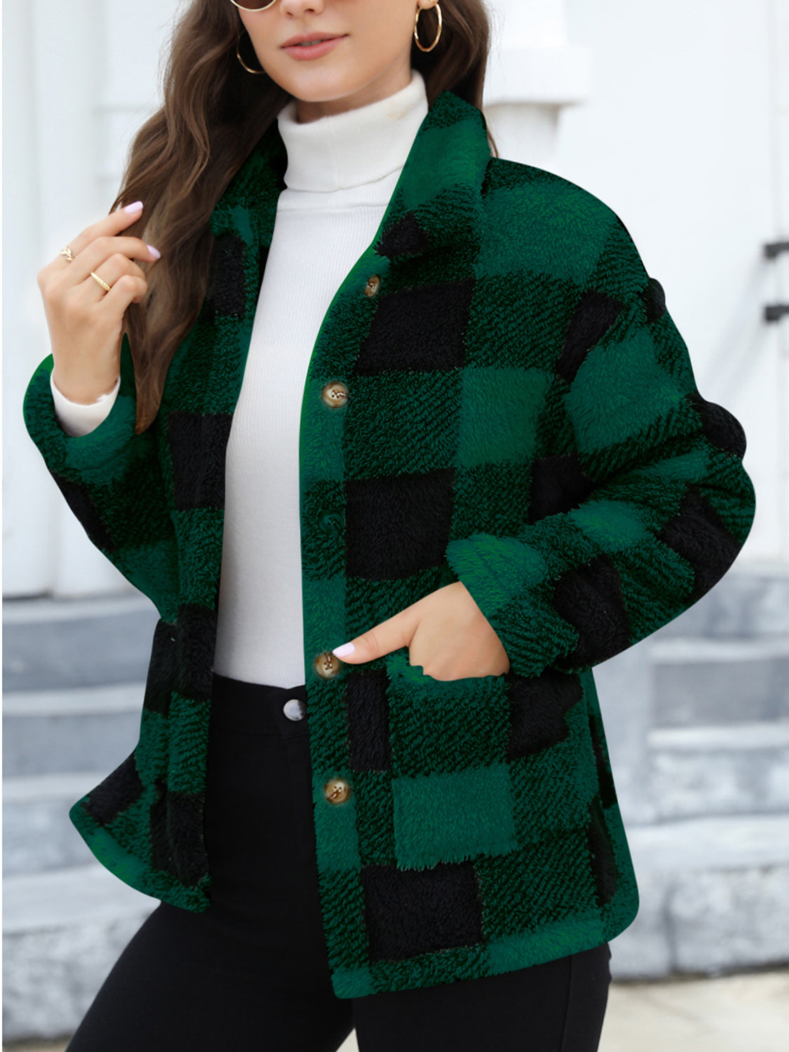 Button Up Drop Shoulder Fuzzy Women Jacket - STREETMODE ™