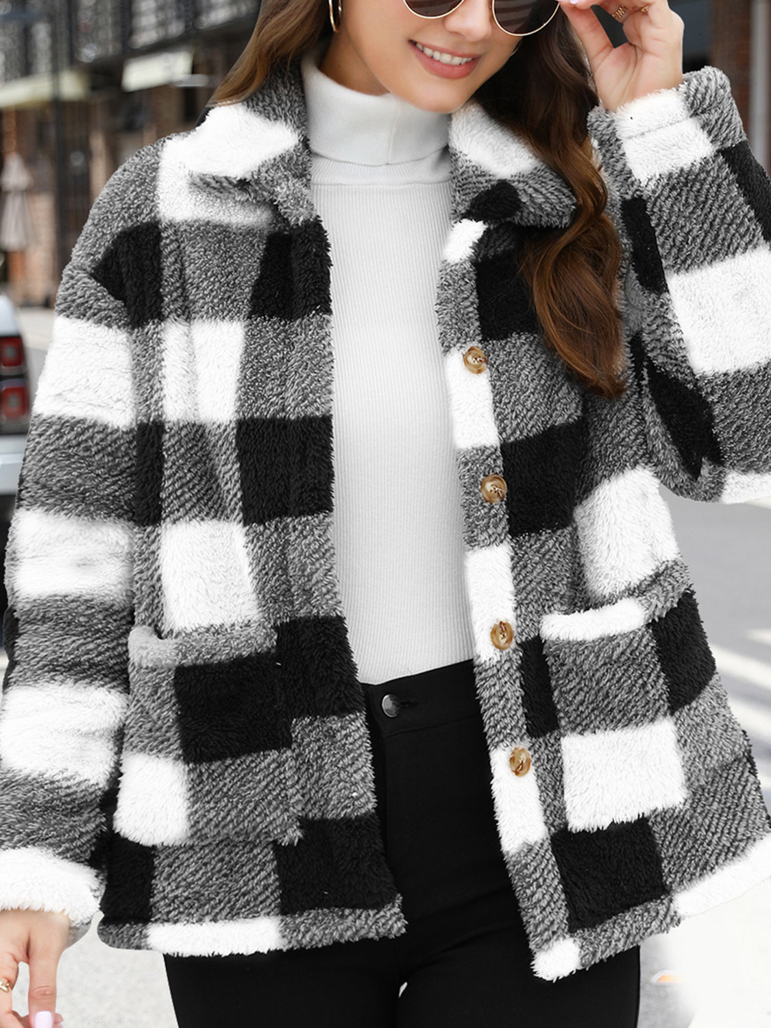 Button Up Drop Shoulder Fuzzy Women Jacket - STREETMODE ™