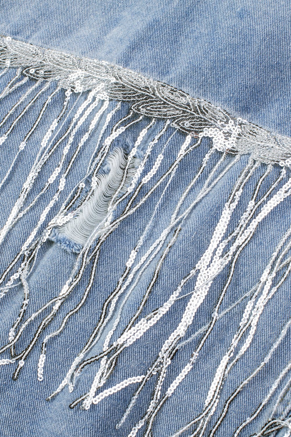 Sequin Fringe Trim Distressed Button Up Women Denim Jacket - STREETMODE ™