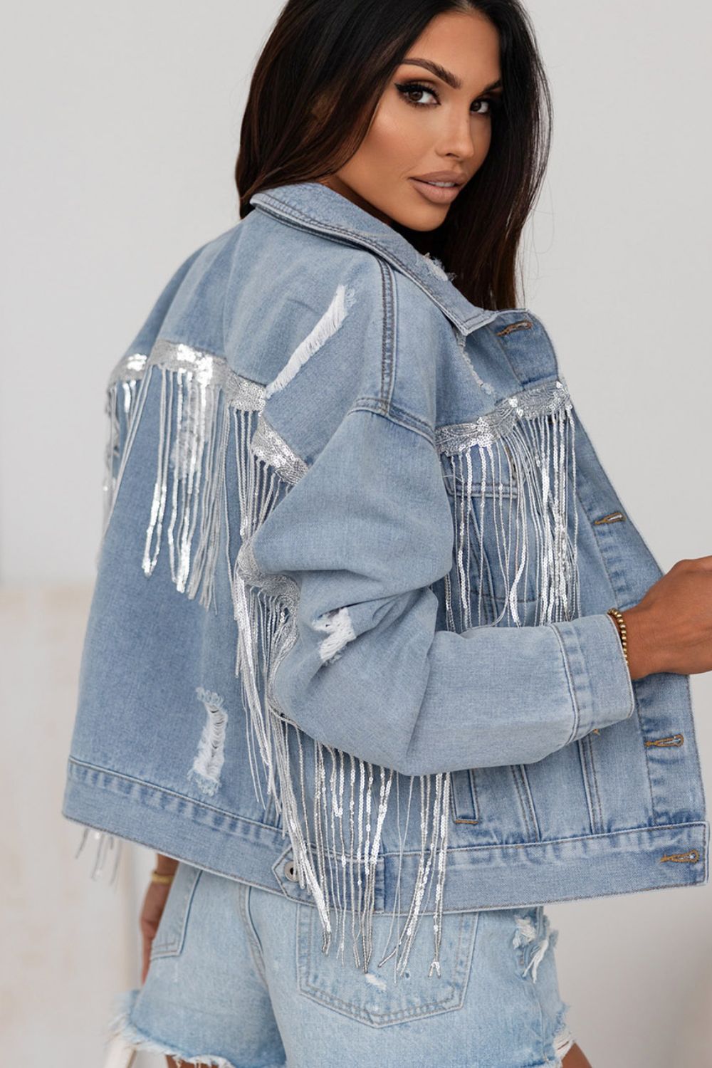Sequin Fringe Trim Distressed Button Up Women Denim Jacket - STREETMODE ™
