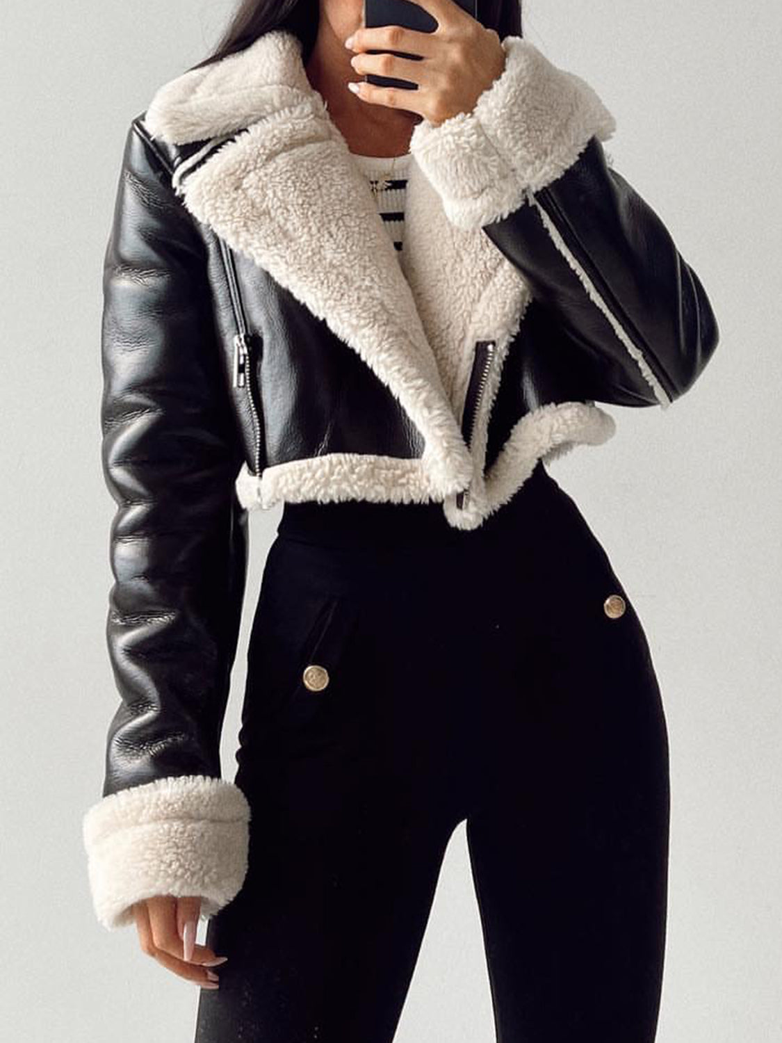 Collared Neck Long Sleeve Plush Cropped Women Jacket - STREETMODE ™