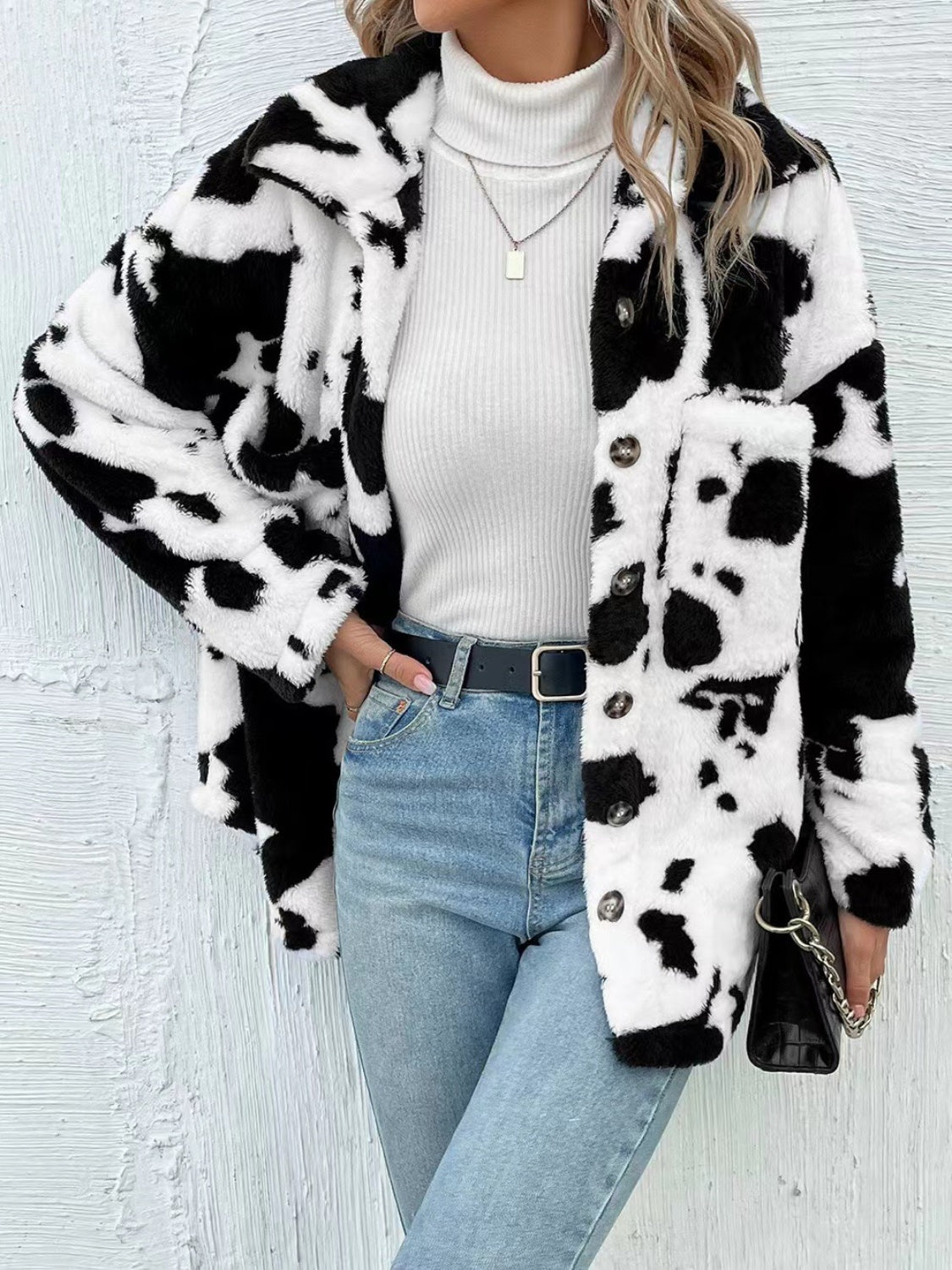 Cow Print Collared Neck Button Up Fuzzy Women Jacket - STREETMODE ā¢