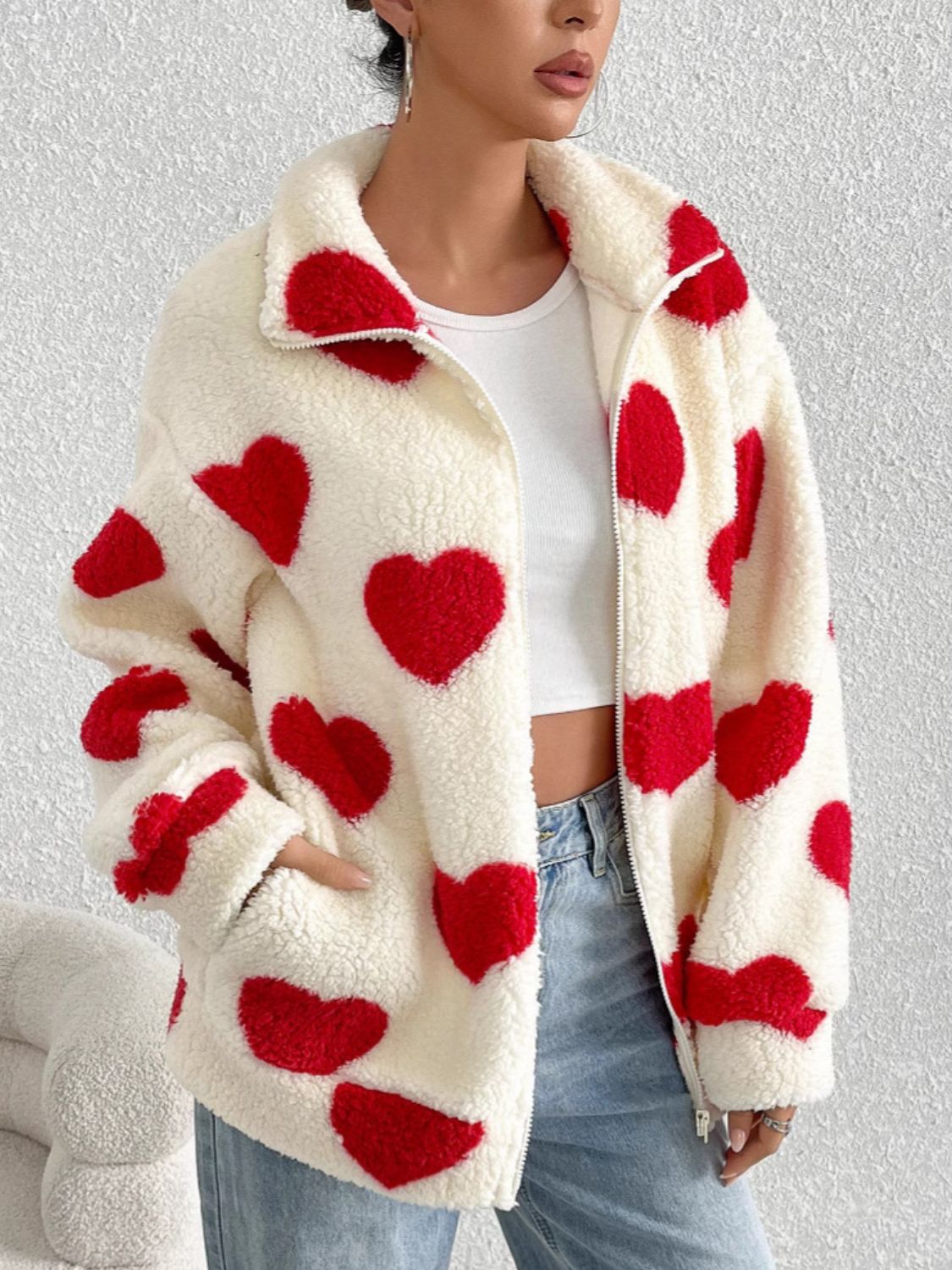Heart Zip Up Drop Shoulder Furry Women Jacket - STREETMODE ™
