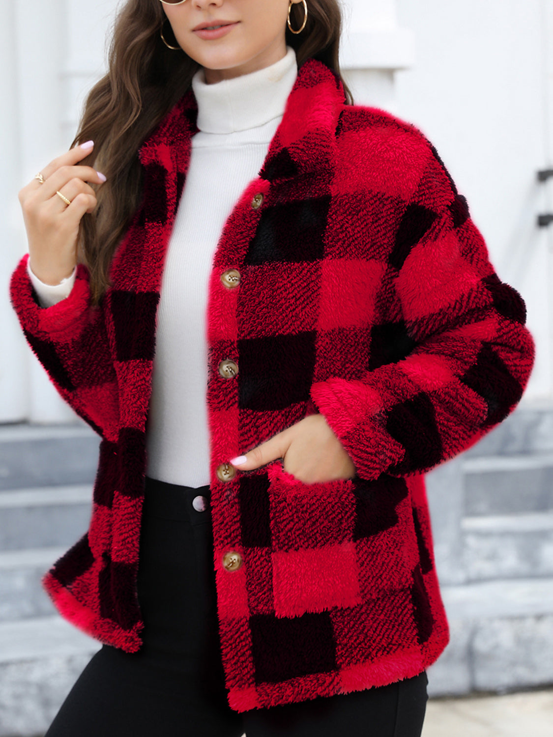Button Up Drop Shoulder Fuzzy Women Jacket - STREETMODE ™