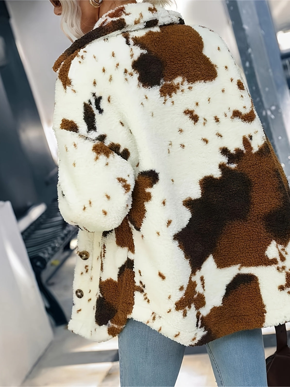 Cow Print Collared Neck Button Up Fuzzy Women Jacket - STREETMODE ™