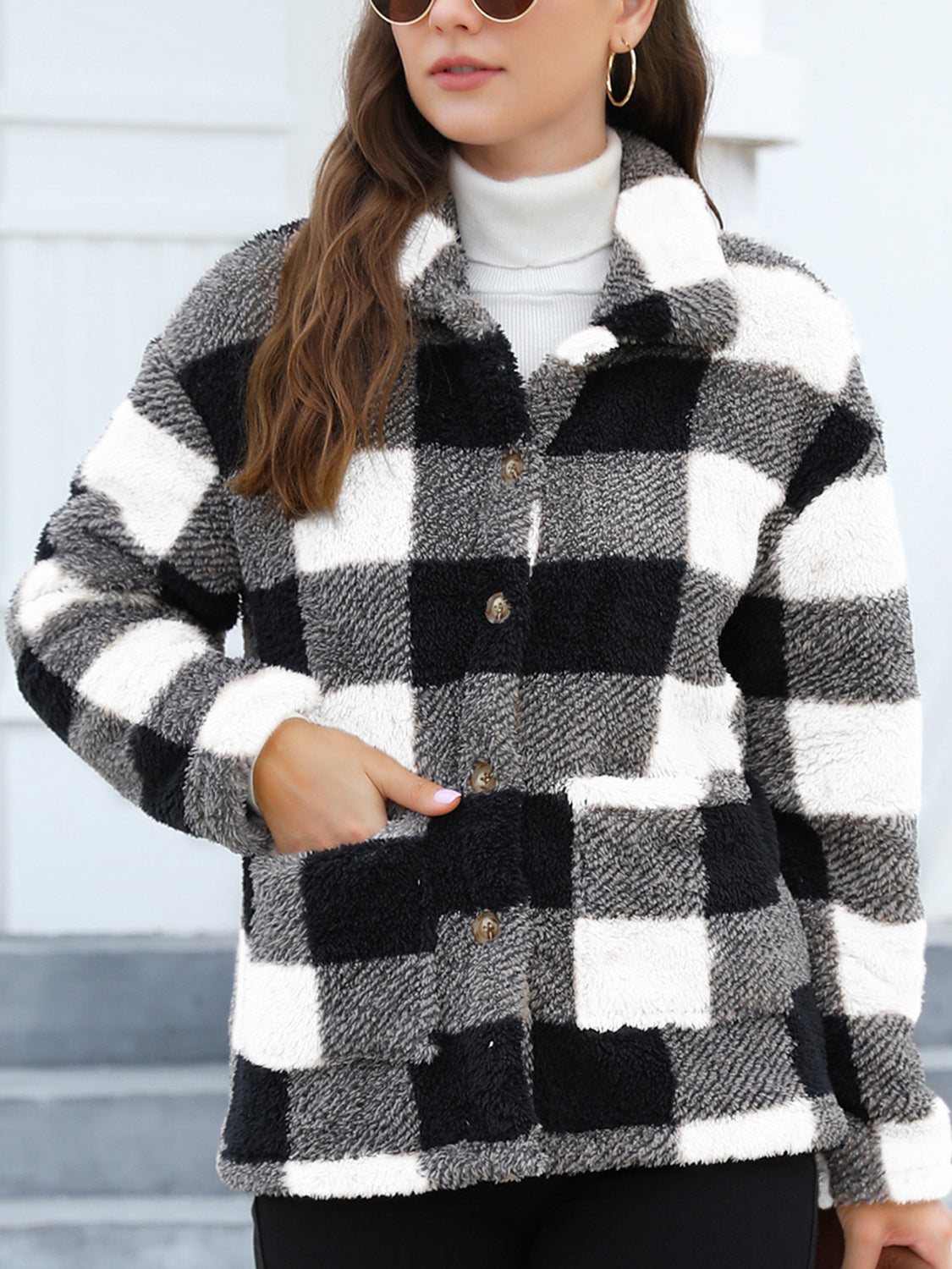 Button Up Drop Shoulder Fuzzy Women Jacket - STREETMODE ™