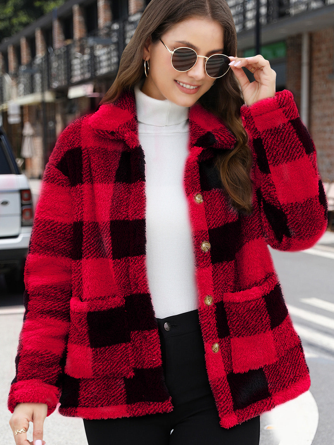 Button Up Drop Shoulder Fuzzy Women Jacket - STREETMODE ™