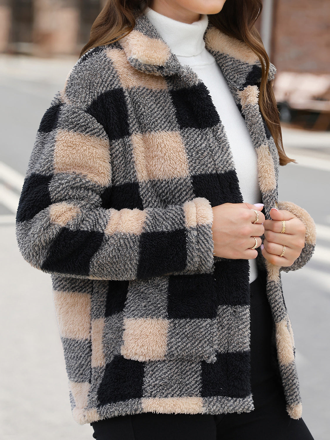 Button Up Drop Shoulder Fuzzy Women Jacket - STREETMODE ™