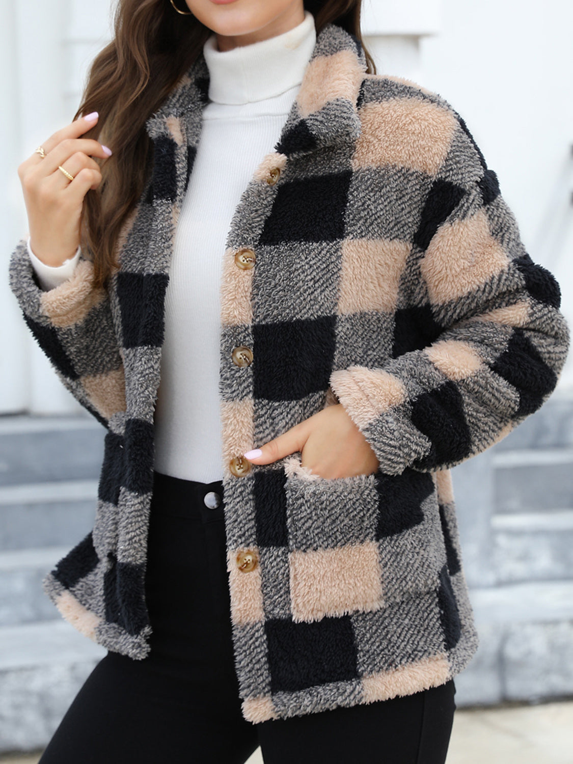 Button Up Drop Shoulder Fuzzy Women Jacket - STREETMODE ™
