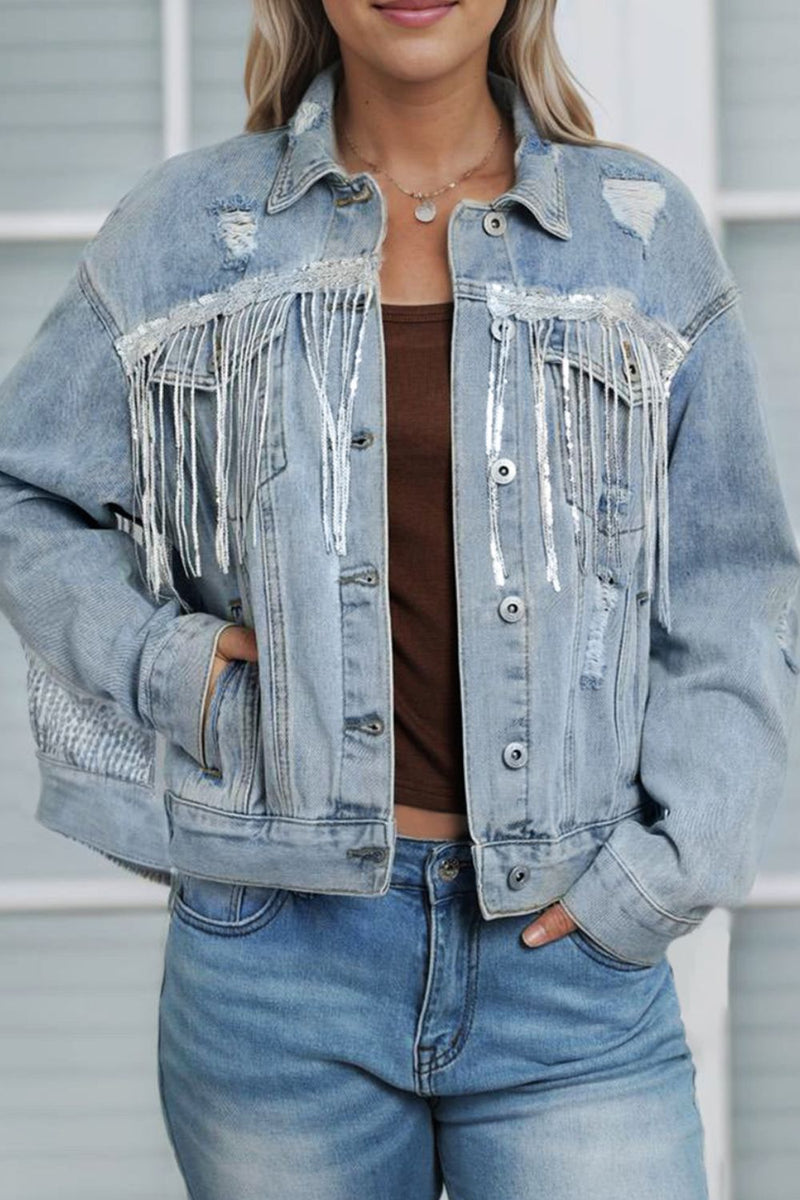 Sequin Fringe Trim Distressed Button Up Women Denim Jacket - STREETMODE ā¢