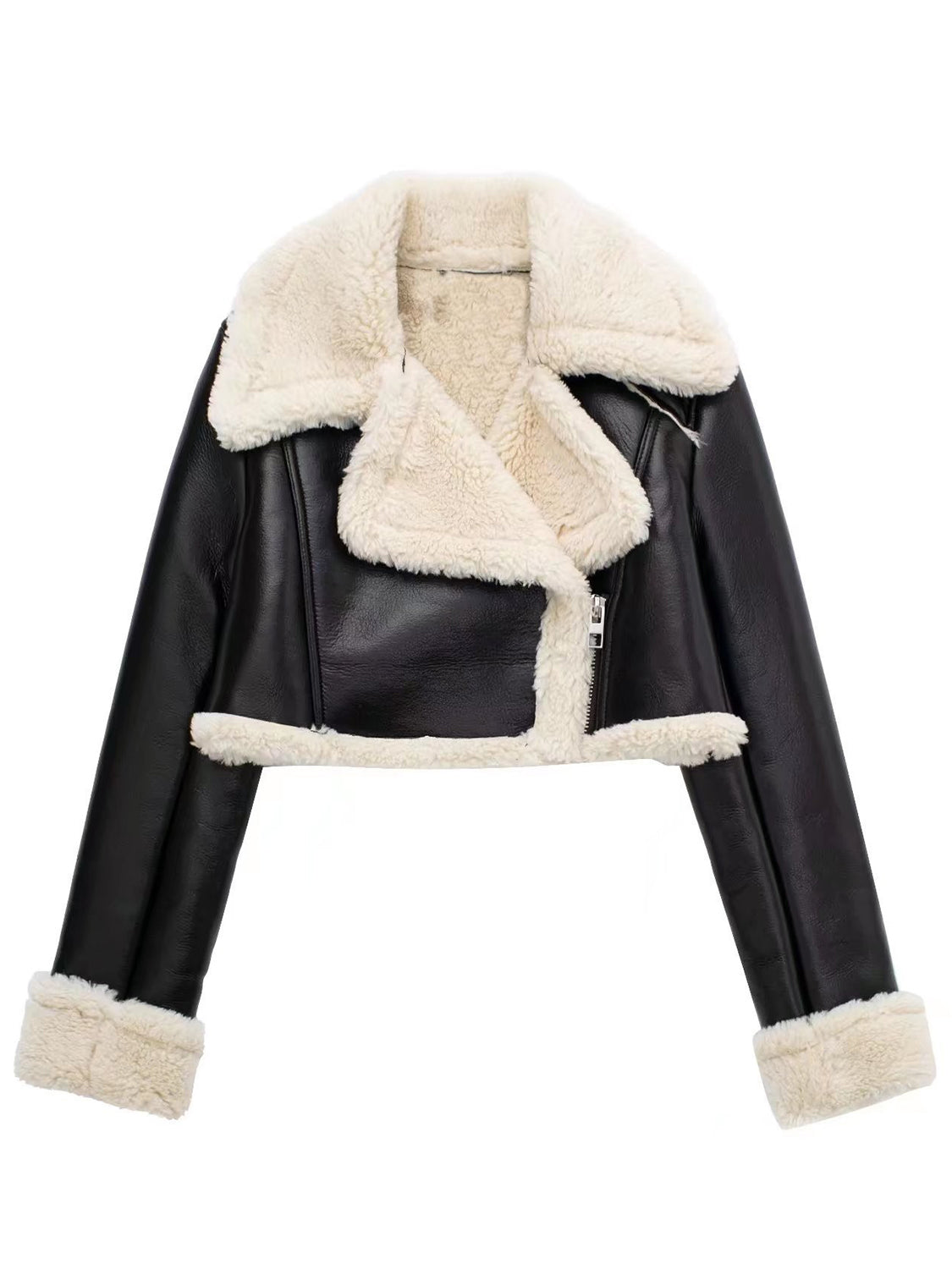 Collared Neck Long Sleeve Plush Cropped Women Jacket - STREETMODE ™