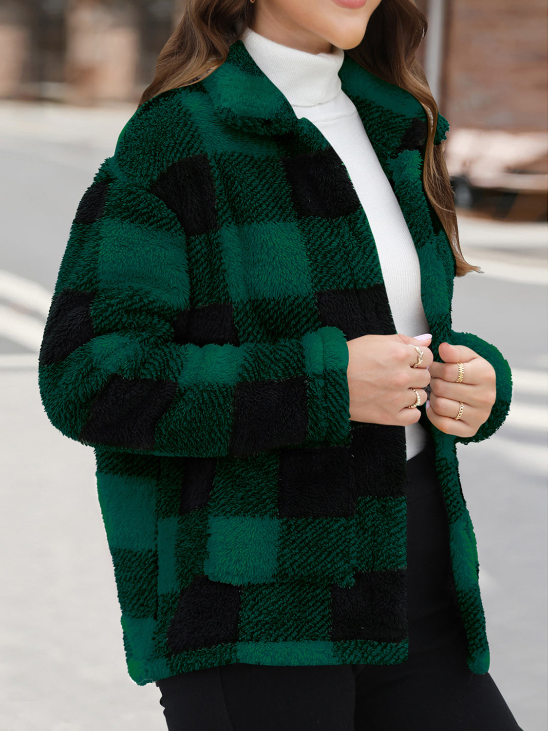 Button Up Drop Shoulder Fuzzy Women Jacket - STREETMODE ™