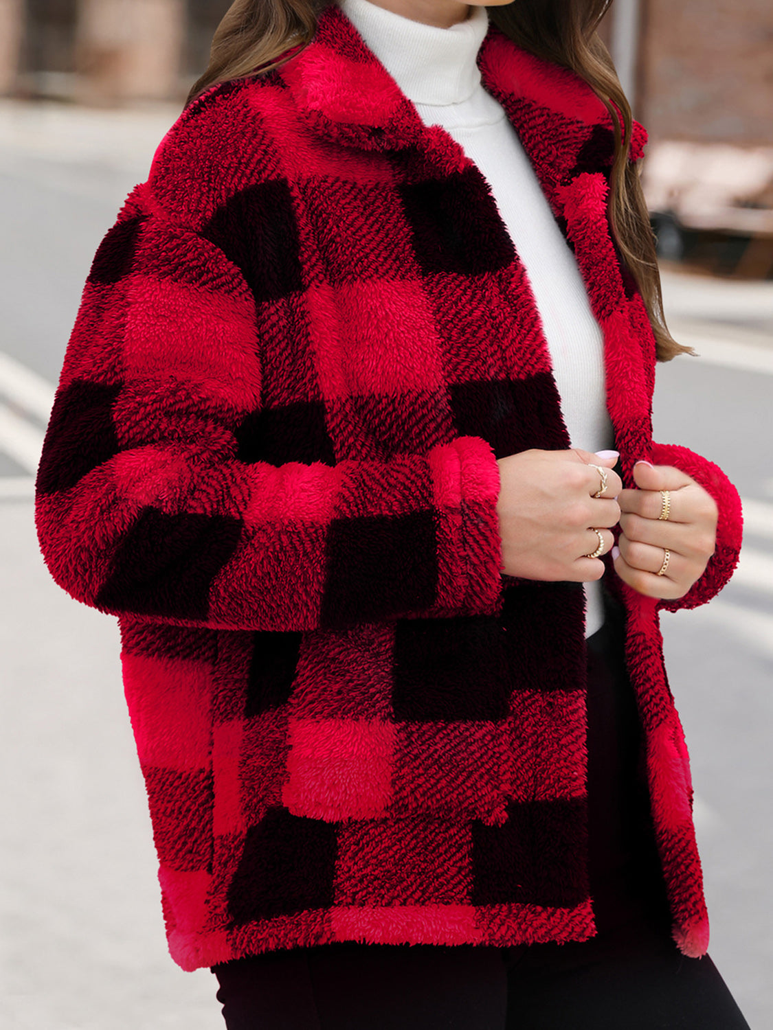 Button Up Drop Shoulder Fuzzy Women Jacket - STREETMODE ™