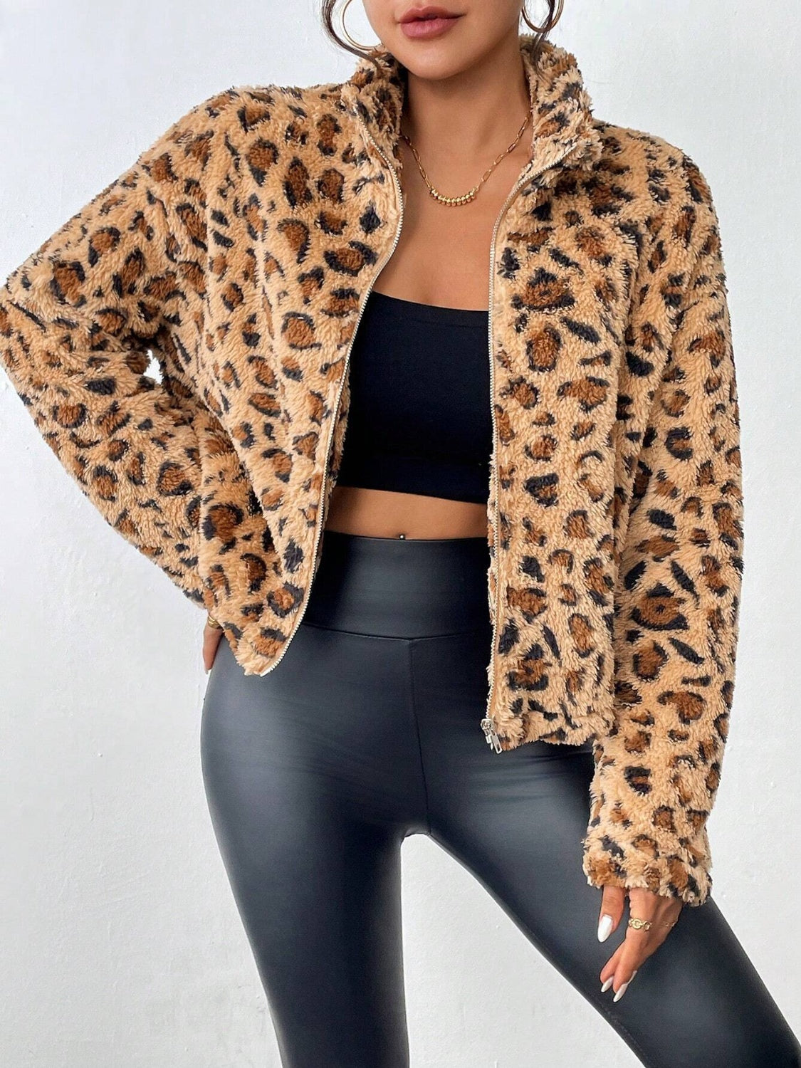 Fuzzy Turtleneck Leopard Zip Up Women Jacket - STREETMODE ™