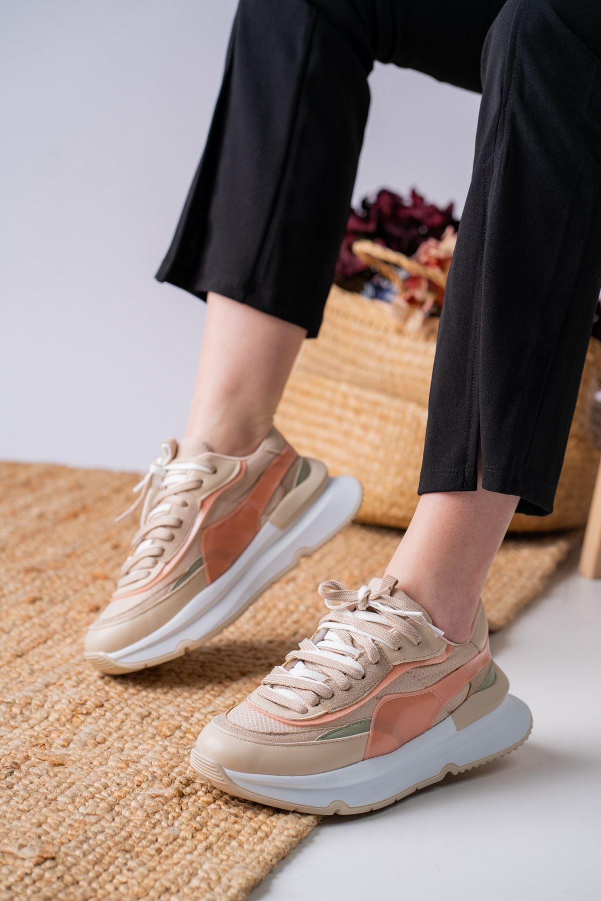 Women's Aleh Beige Skin Powder Detailed Thick Sole Sneakers Shoes - STREETMODE ™