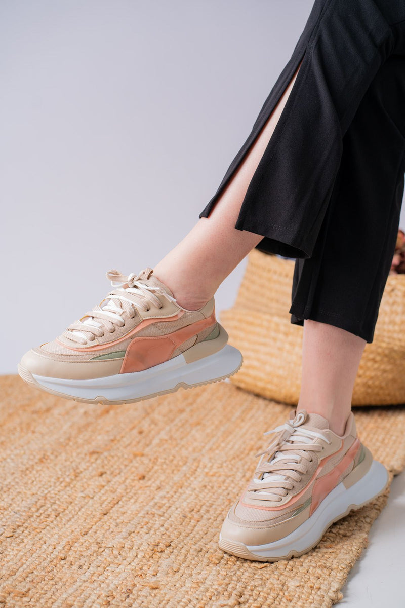 Women's Aleh Beige Skin Powder Detailed Thick Sole Sneakers Shoes - STREETMODE ™