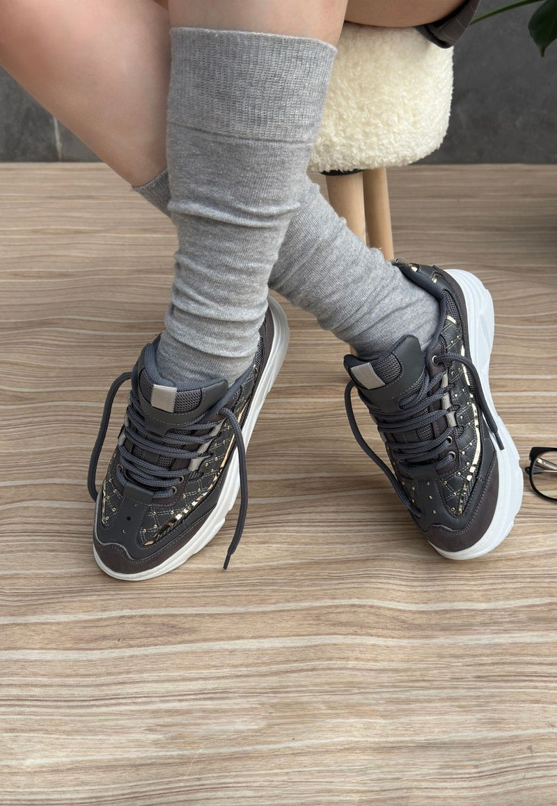 Women's Grey Skin Lace-Up Sneakers - STREETMODE ™