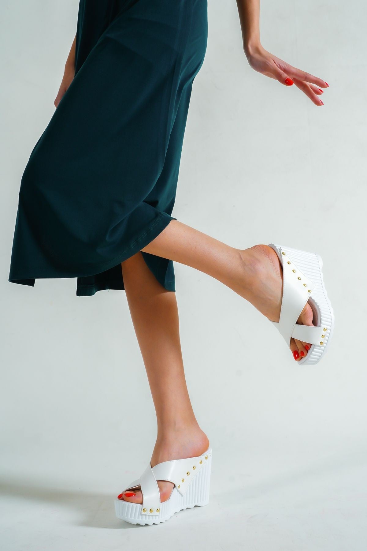 Women's Aless White Leather Wedge Heel Slippers - STREETMODE ™
