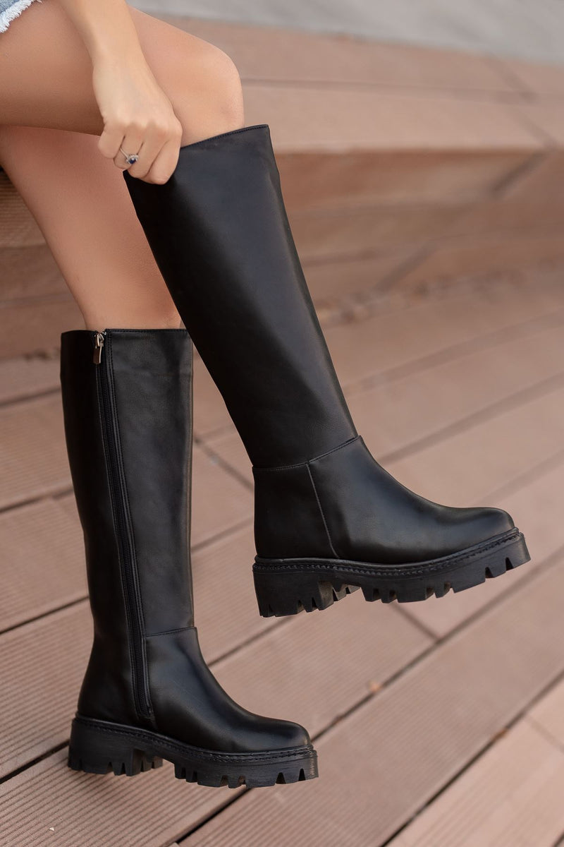 Black Leather Zipper Detailed Women's Boots - STREETMODE ™
