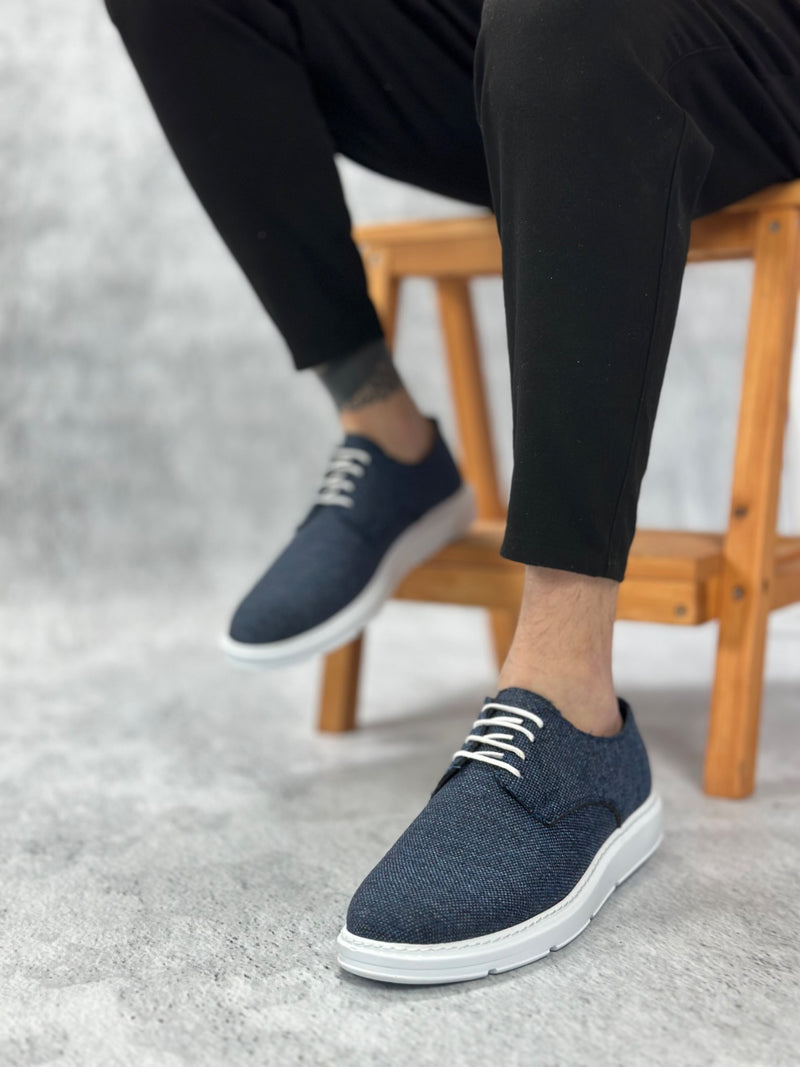 BA0003 Laced Classic Sports Linen Navy Blue White Sole Casual Men's Shoes - STREETMODE ™