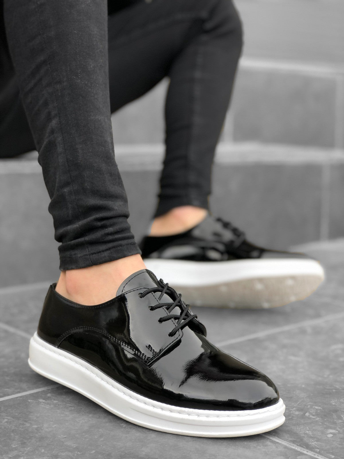 BA0003 Lace-Up Classic Black Patent Leather High Sole Casual Men's Shoes - STREETMODE ™