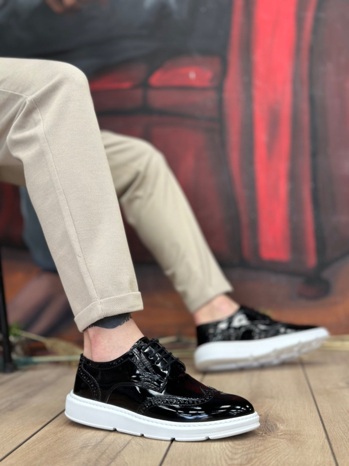 BA0003 Lace-Up Classic Black White Sole Patent Leather High Sole Casual Men's Shoes - STREETMODE ™