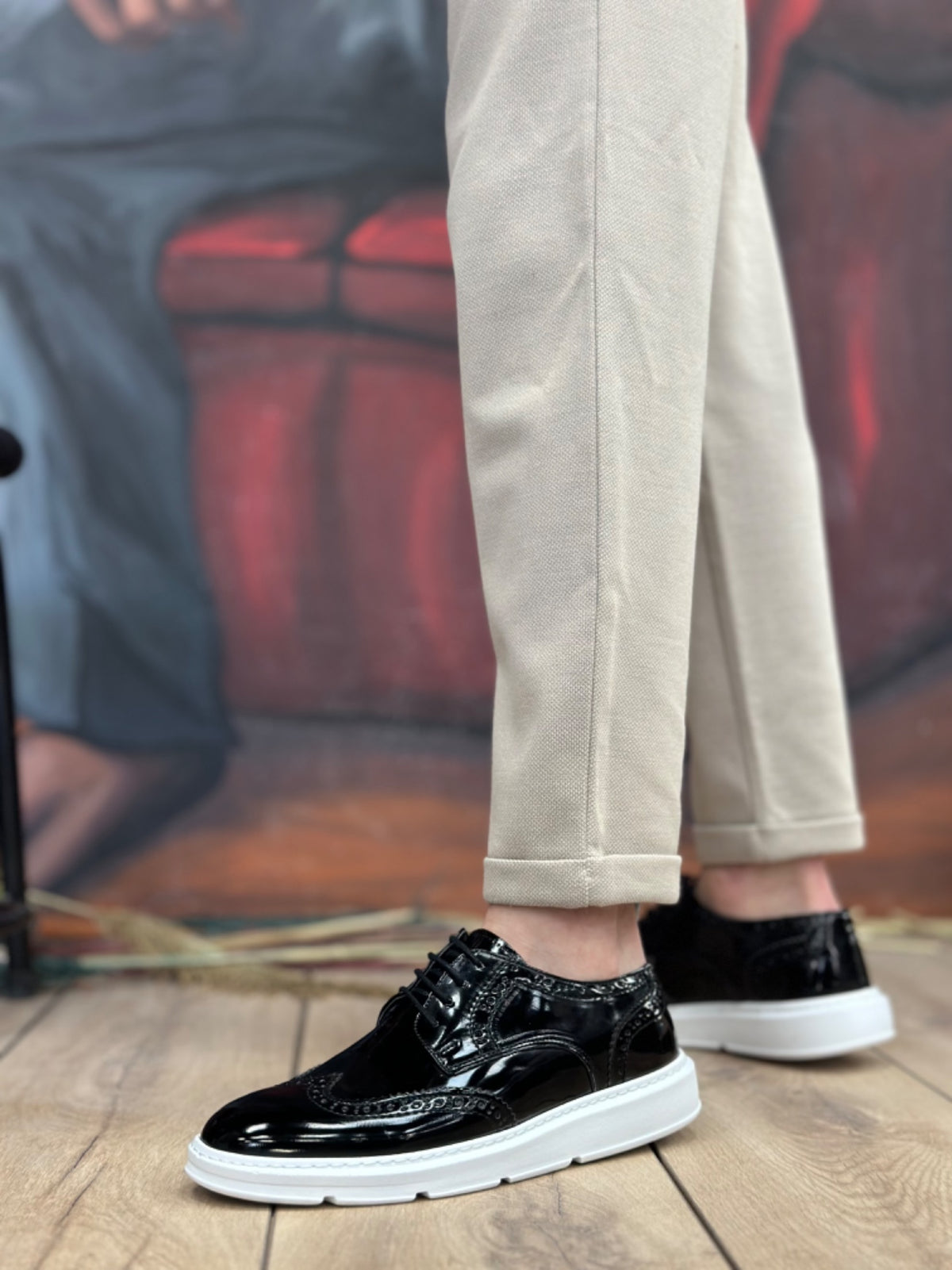 BA0003 Lace-Up Classic Black White Sole Patent Leather High Sole Casual Men's Shoes - STREETMODE ™