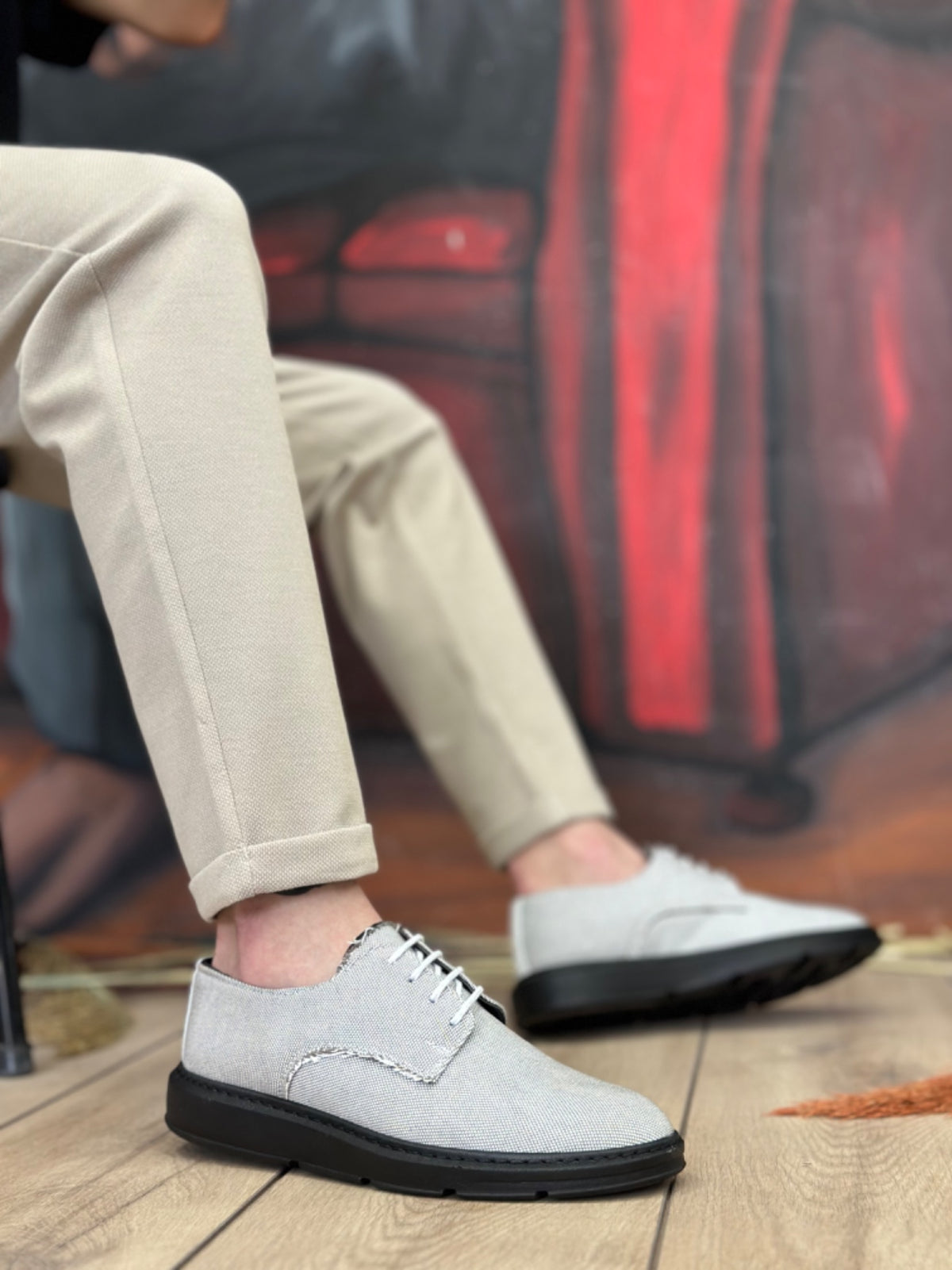 BA0003 Lace-Up Classic Sports Gray Color Black Sole Linen High Sole Casual Men's Shoes
