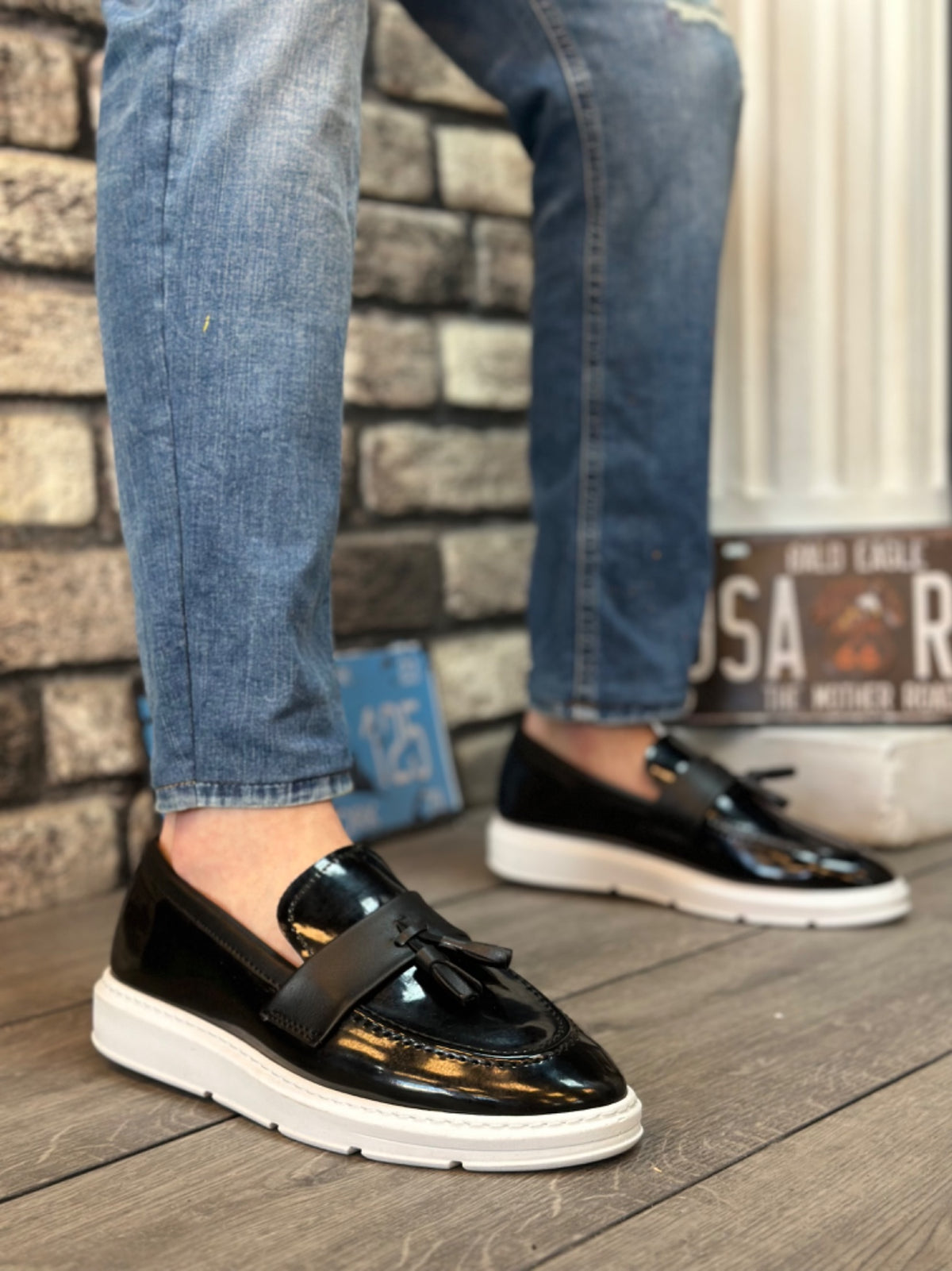 BA0005 Laceless High White Sole Classic Patent Leather Tasseled Corcik Men's Shoes - STREETMODE ™