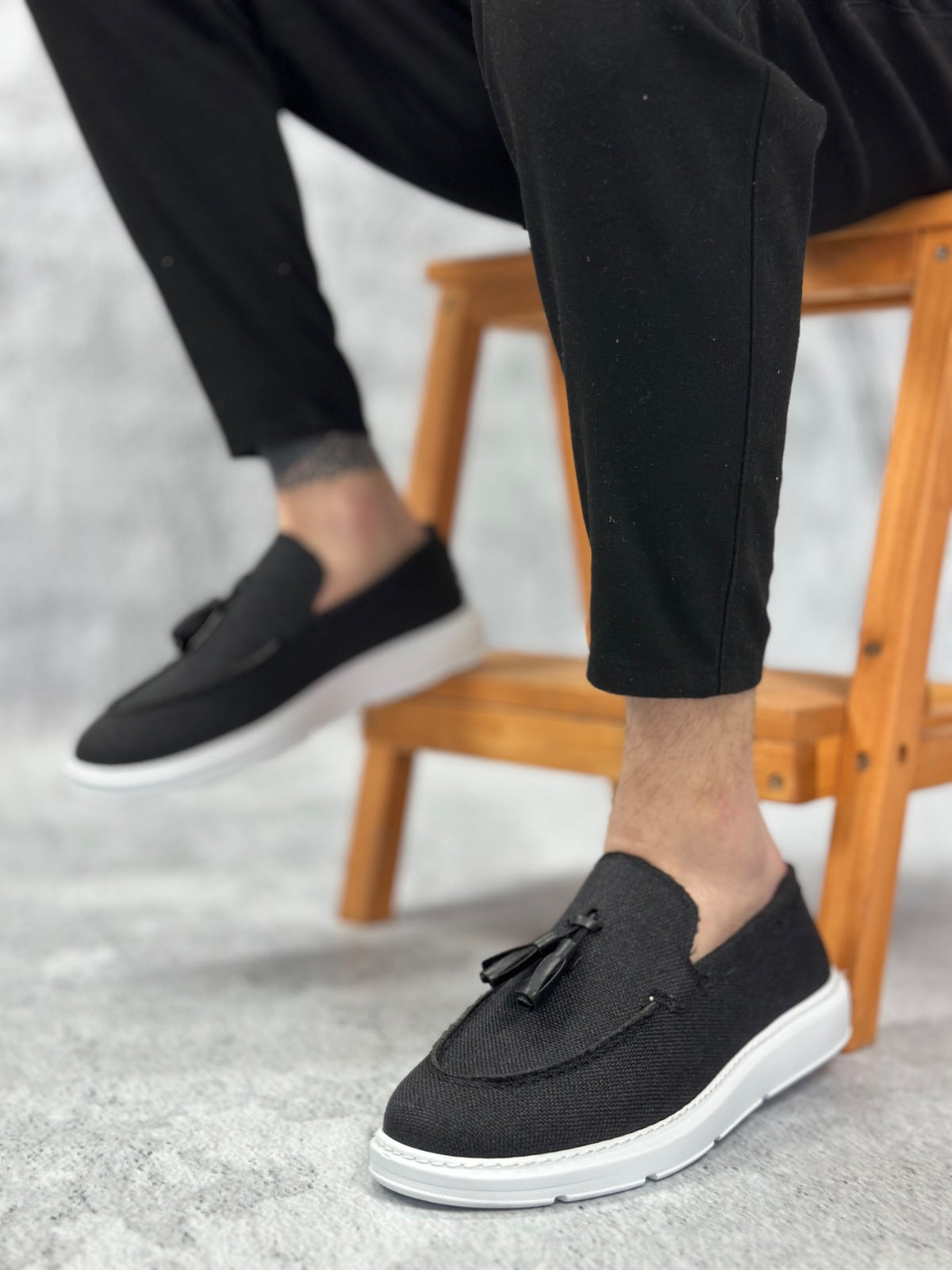 BA0005 Laceless High Sole Classic Linen Black Tassel Men's Shoes - STREETMODE ™
