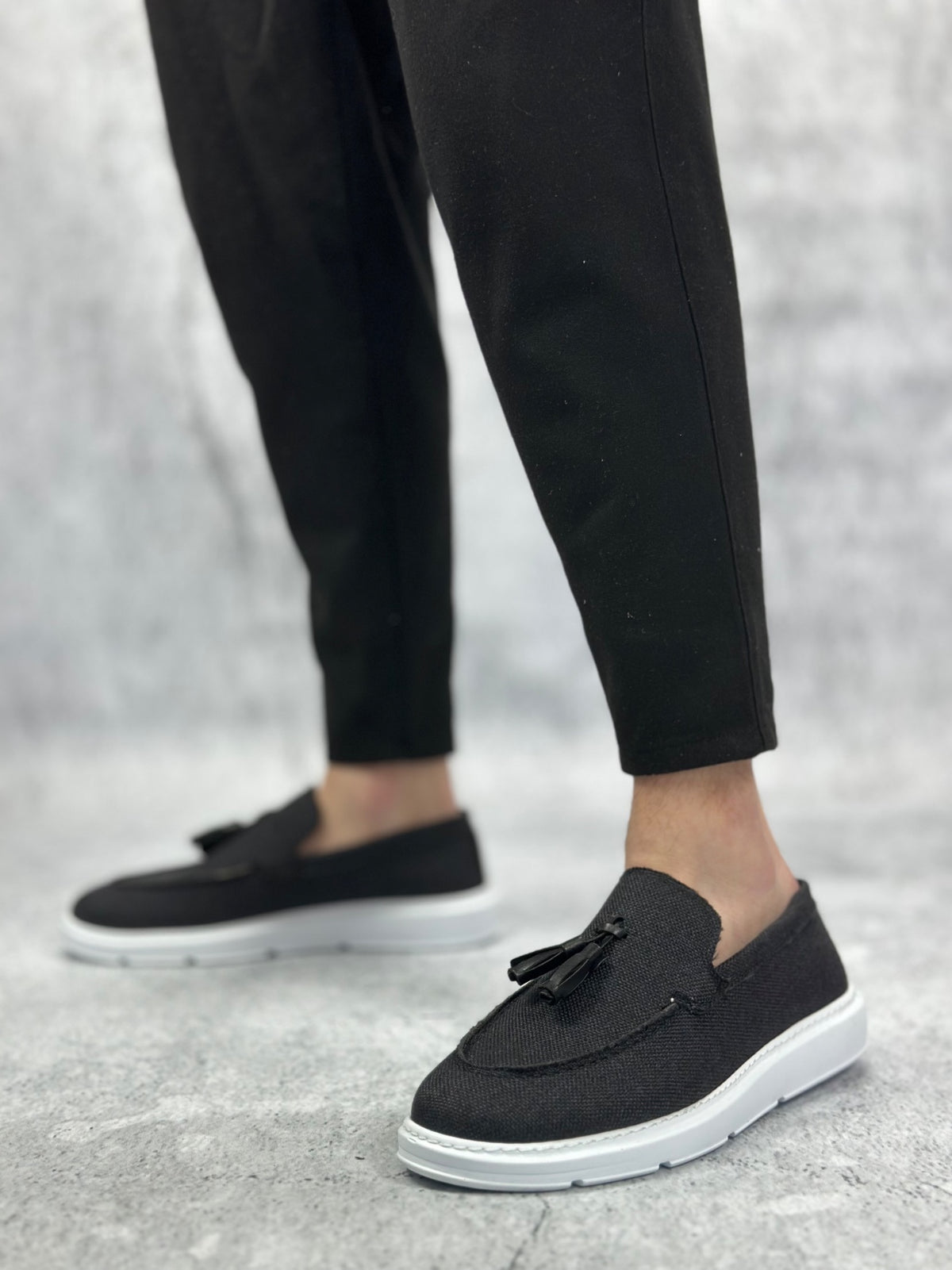 BA0005 Laceless High Sole Classic Linen Black Tassel Men's Shoes - STREETMODE ™